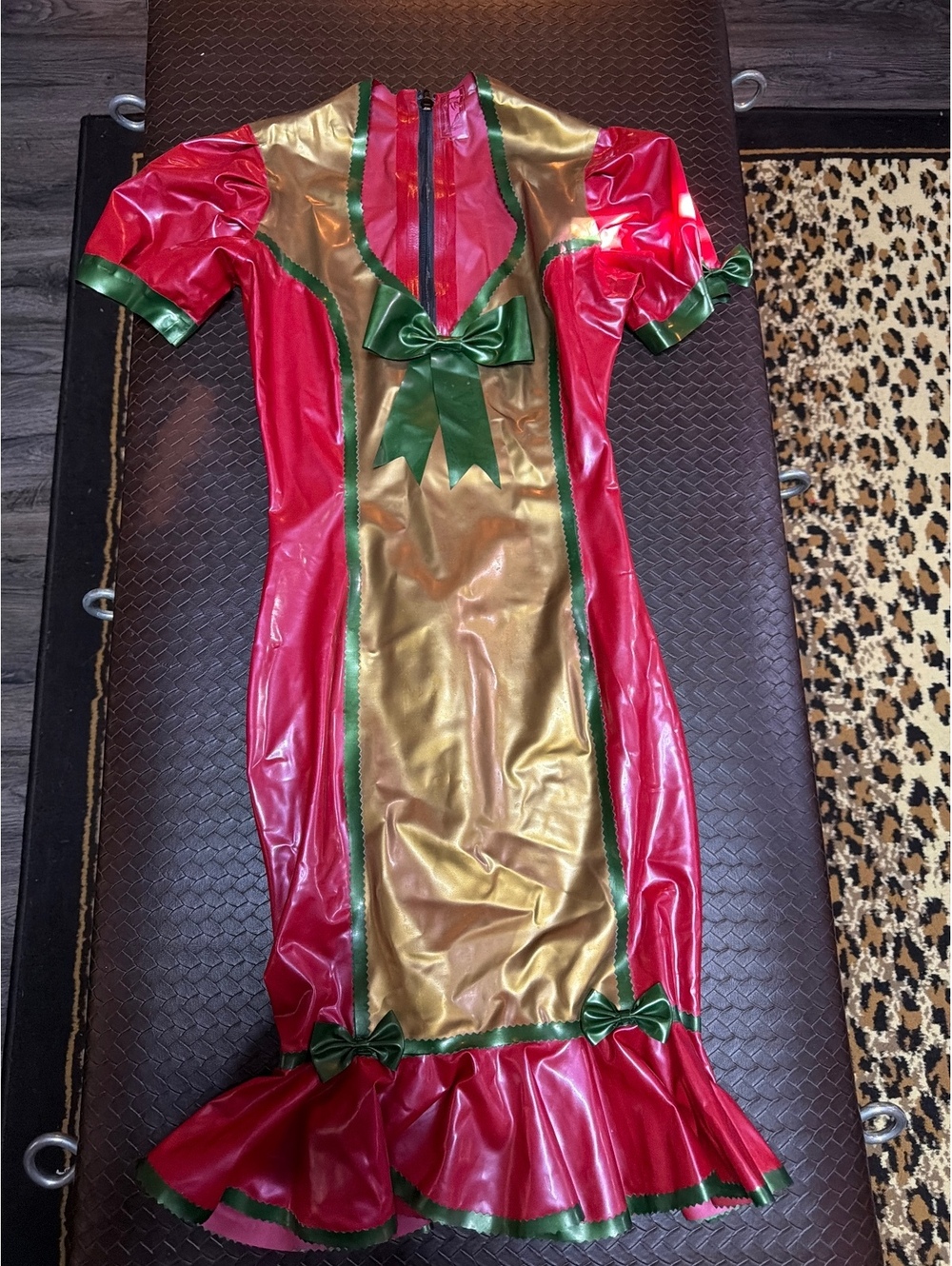 Westward Bound Vintage Red and Gold Vinyl Dress with Green Bow Accents